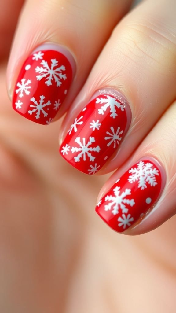 Short Christmas nails with red base and white snowflakes, beautifully manicured.